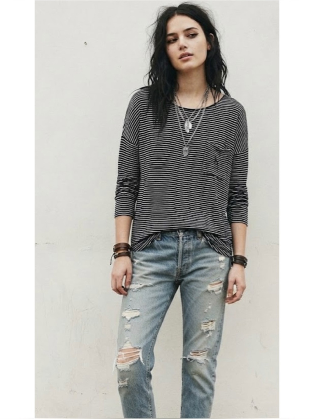 Double Zero Slouchy Striped Long Sleeve Oversized Top Grungy Lagenlook